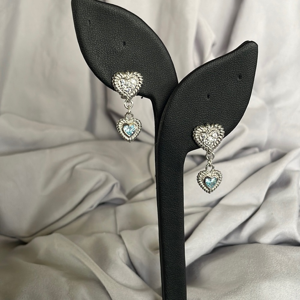 STUNNING Judith Ripka 925 SS Double Heart Blue Topaz/CZ Diamonique Earrings - Picture 2 of 11